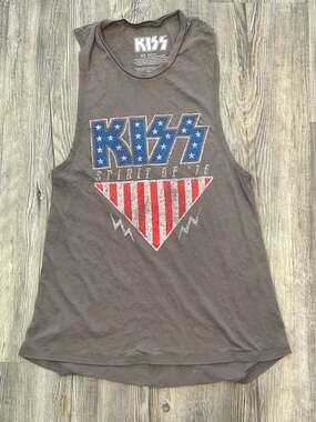 Kiss Gray Tank Top with Red, White, and Blue Graphic